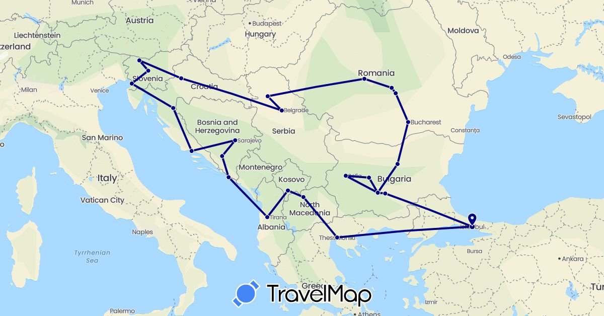 TravelMap itinerary: driving in Albania, Bosnia and Herzegovina, Bulgaria, Greece, Croatia, Italy, Macedonia, Romania, Serbia, Slovenia, Turkey, Kosovo (Asia, Europe)